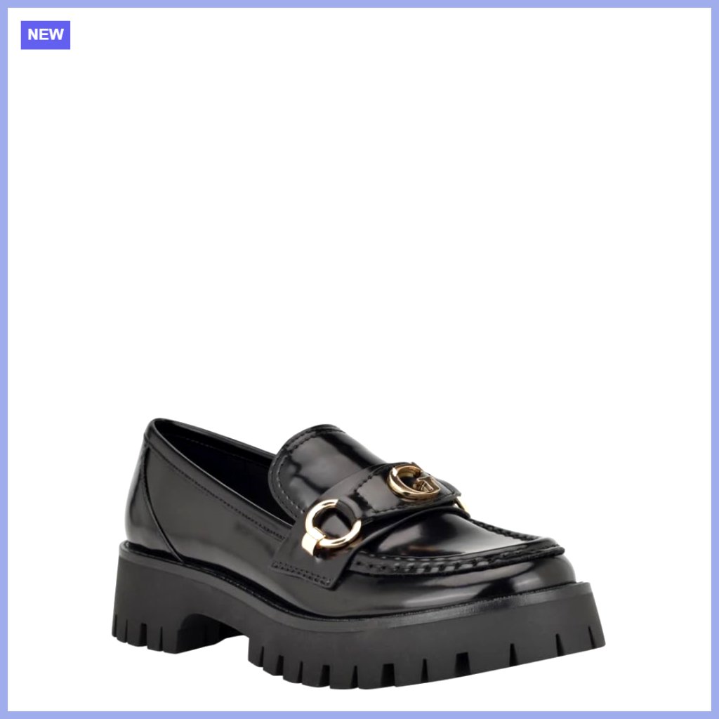 Faux Leather Loafers With Gold Hardware And Chunky Lug Sole